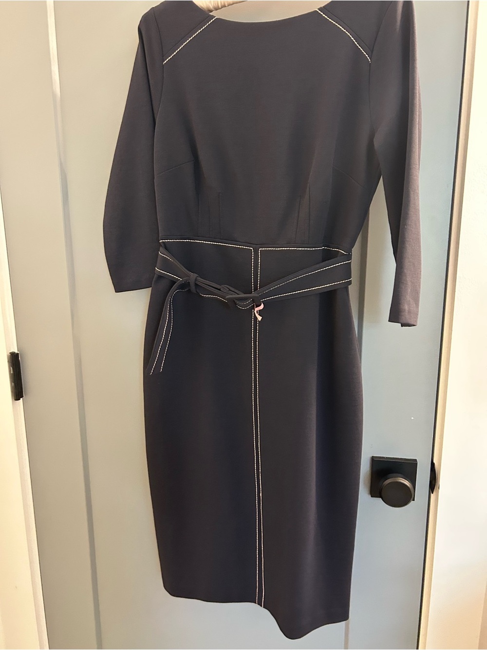 Boden Belted Navy Midi Dress with Contrast Stitching